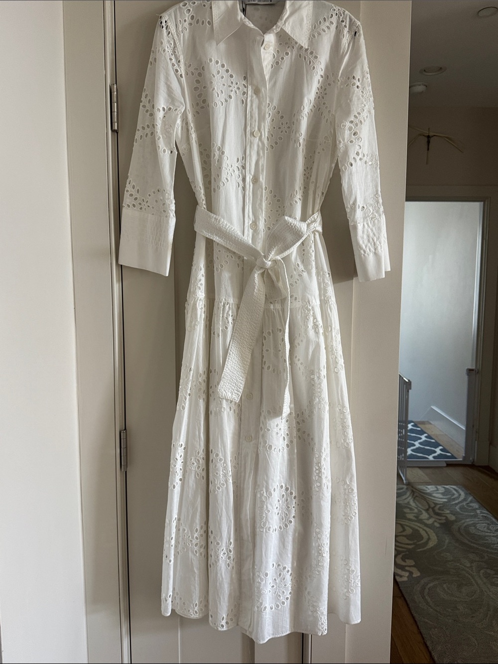Zara White Eyelet Maxi Shirt Dress with Tie Waist
